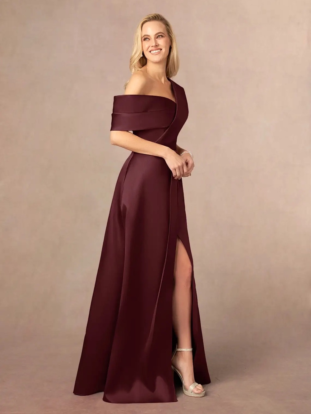 Azazie Marissa One-Shoulder Evening Gown in Cabernet - Picture 2 of 6